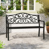 Elegant black outdoor cast iron patio bench featuring a floral design backrest and slatted seat, perfect for cozy.