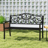 Black 50-inch outdoor cast iron metal patio bench with floral design backrest, ideal for garden gatherings.