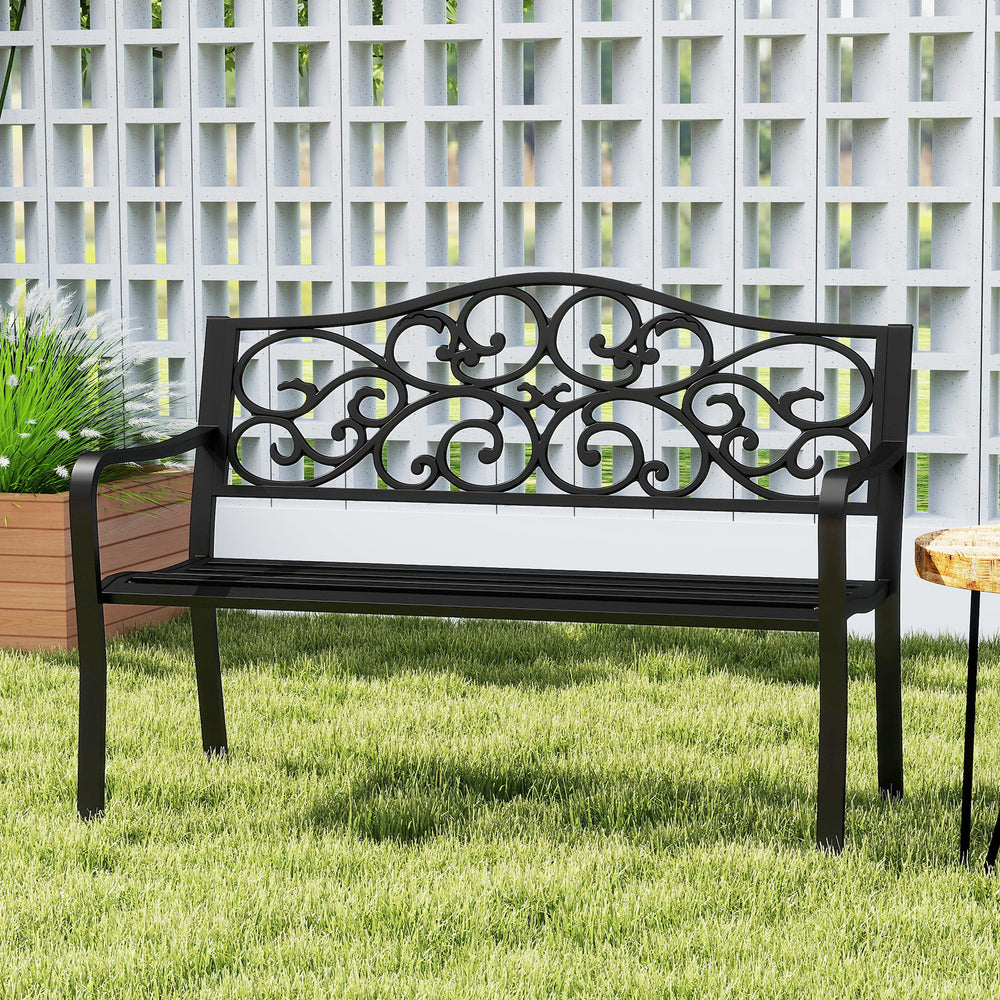 Black 50-inch outdoor cast iron metal patio bench with floral design backrest, ideal for garden gatherings.
