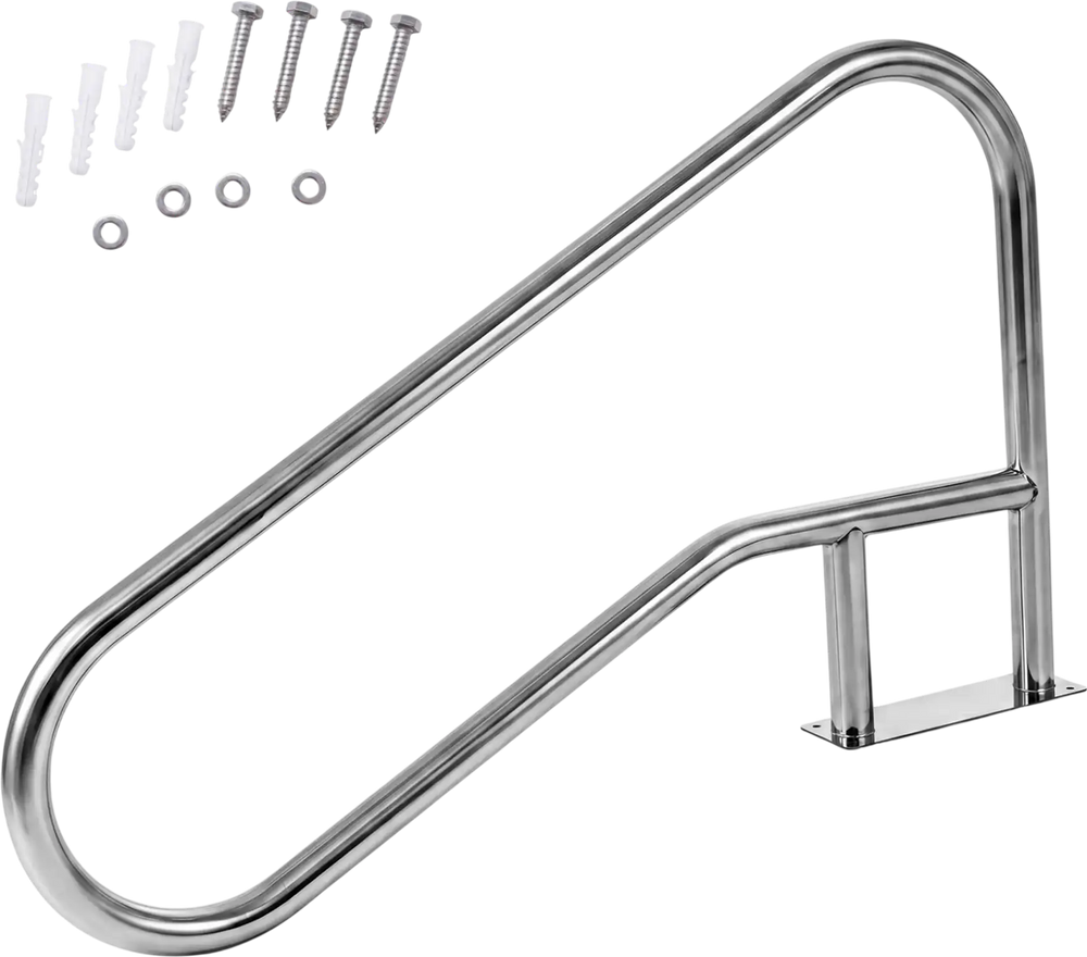 Stainless steel pool handrail with mount base plate, 50 x 30 inches, ideal for water parks and pool safety.