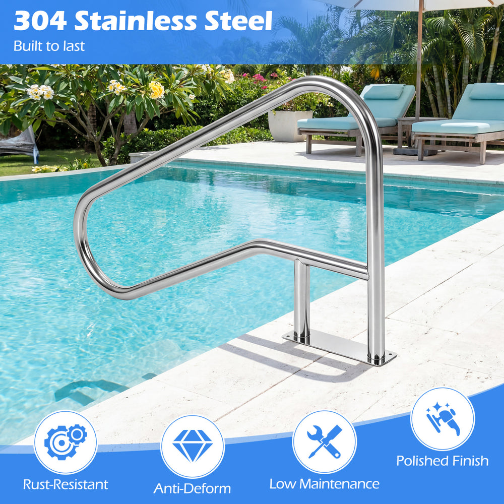 Curved 50 x 30 inch pool handrail made of rust-resistant 304 stainless steel for secure support at swimming pools.
