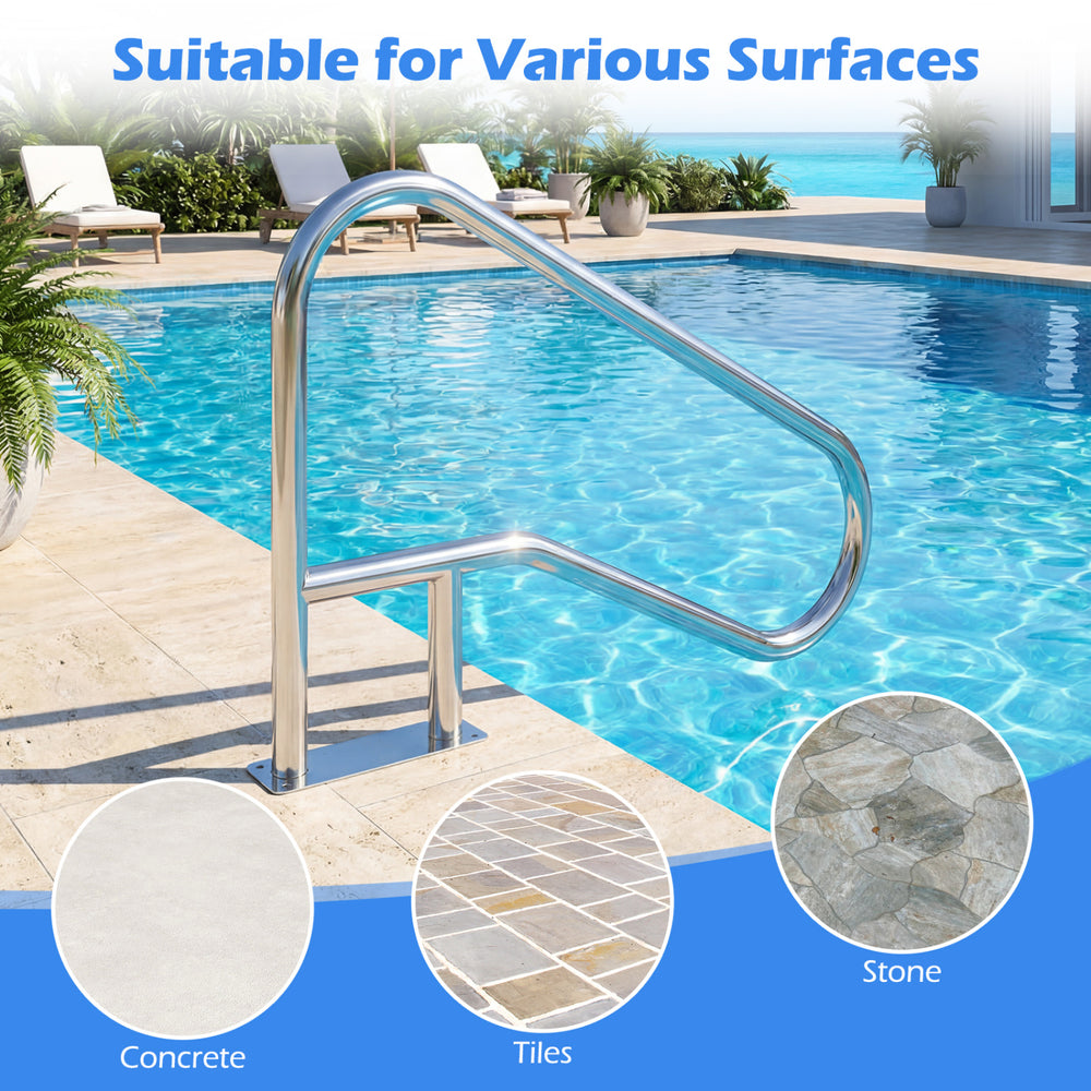 Stainless steel pool handrail with curved design, suitable for concrete, tiles, and stone surfaces for easy pool access.
