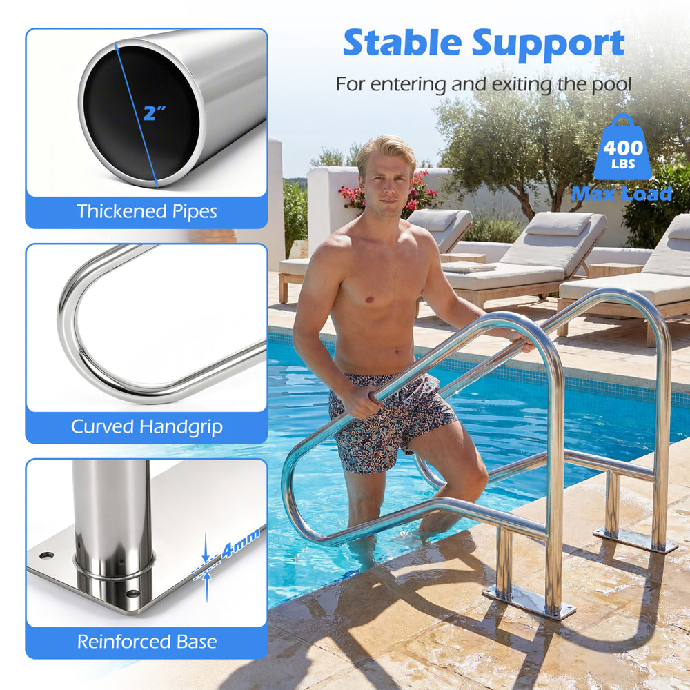 Pool handrail with curved handgrip and thickened pipes, made of rust-resistant 304 stainless steel for secure entry.