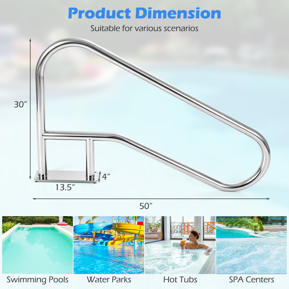 Curved 50 x 30 inch pool handrail in polished 304 stainless steel, ideal for swimming pools and hot tubs.