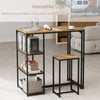 Bar-height dining table set in rustic brown with 2 stools and 3 storage shelves, ideal for small spaces.