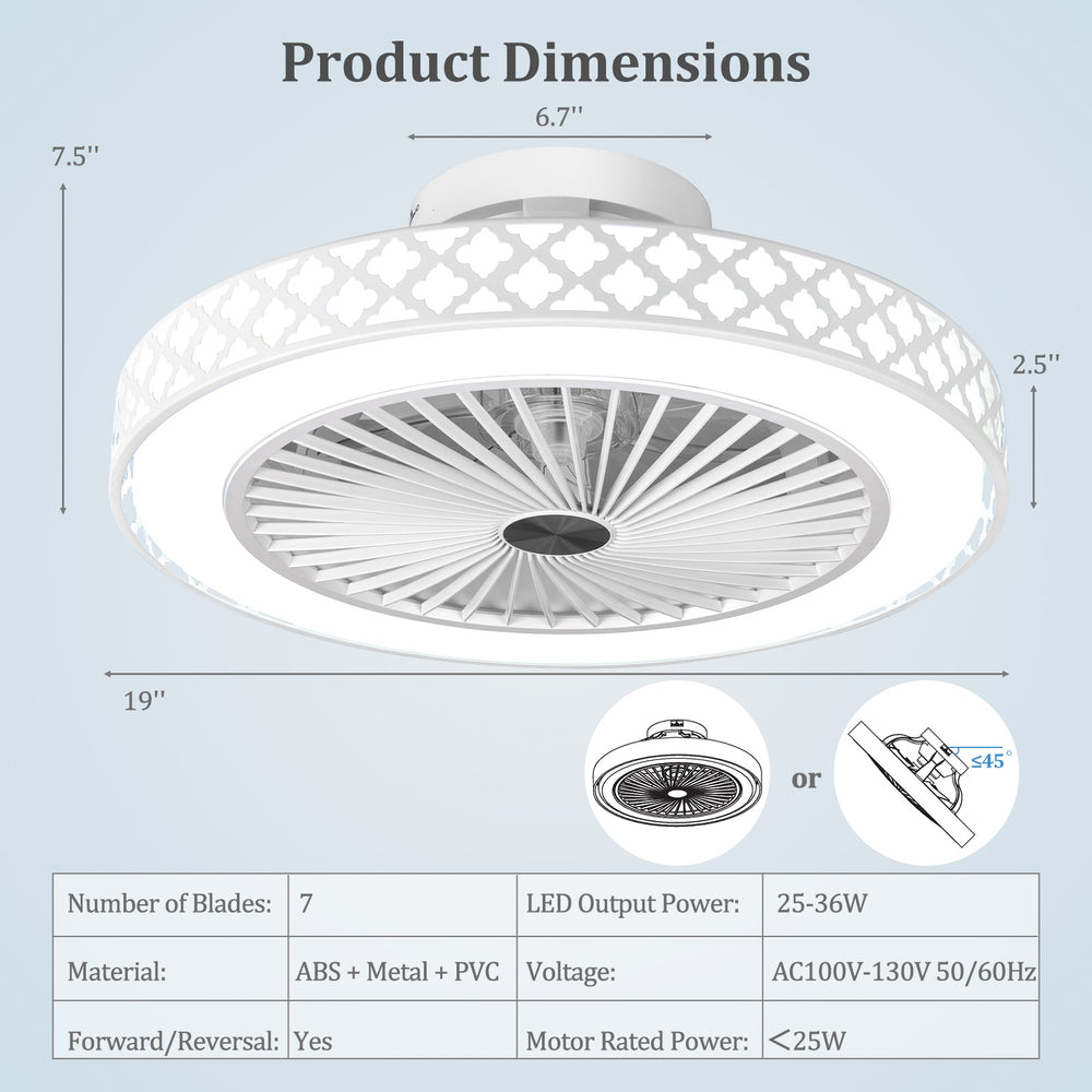 19-inch white ceiling fan with light, 7 blades, low-profile design, adjustable brightness, ideal for rooms up to 215.