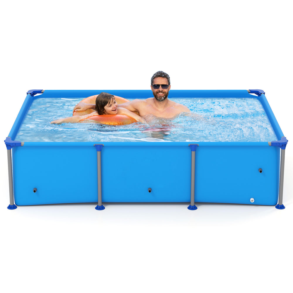 Family enjoying the 6 ft outdoor swimming pool with metal frame, featuring durable PVC fabric and easy drainage.