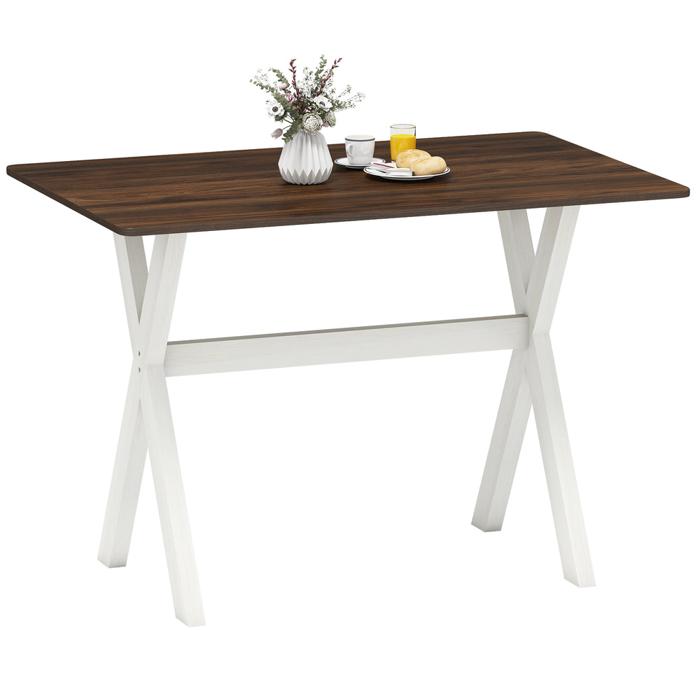 Modern dining table with sturdy rubber wood frame and X-shaped design, featuring a thickened wood grain surface for.