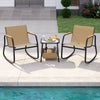 3-piece rocking bistro set featuring brown chairs and a side table with storage, perfect for outdoor relaxation by the.