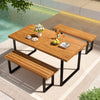 Acacia wood dining table for 6 with slatted top and sturdy metal frame, perfect for outdoor dining areas.