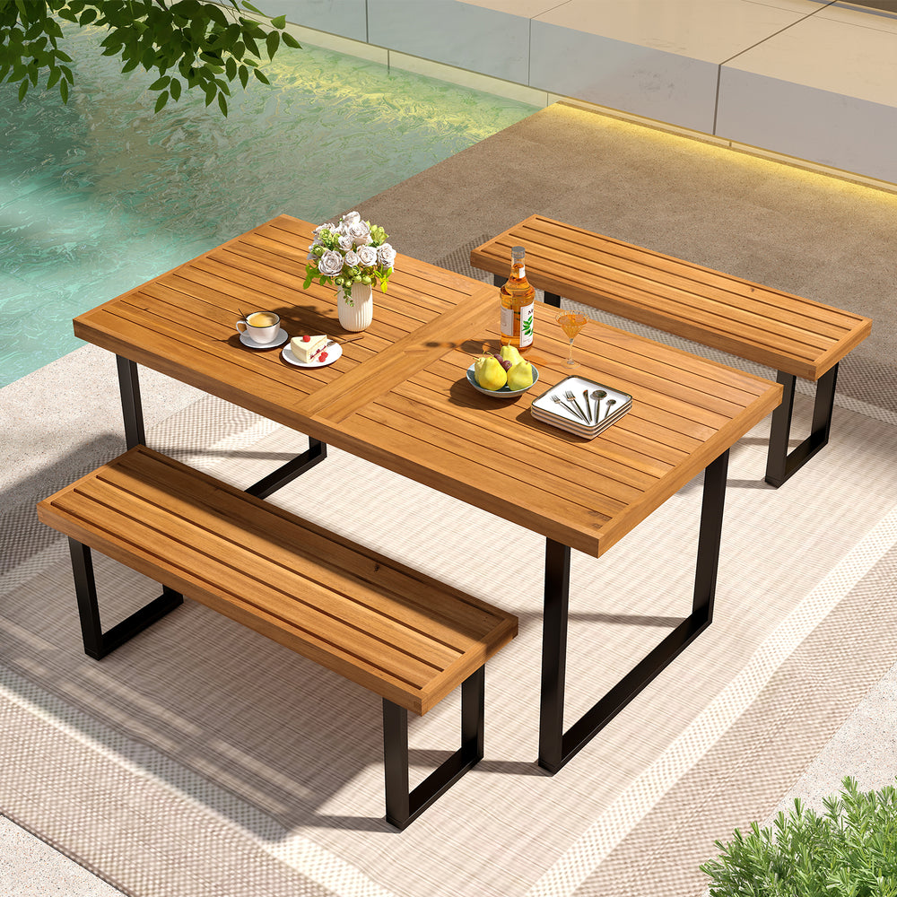 Acacia wood dining table for 6 with slatted top and sturdy metal frame, perfect for outdoor dining areas.