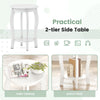 Round 2-tier side table in white with rubber wood legs and storage shelf, perfect for living room or bedroom use.