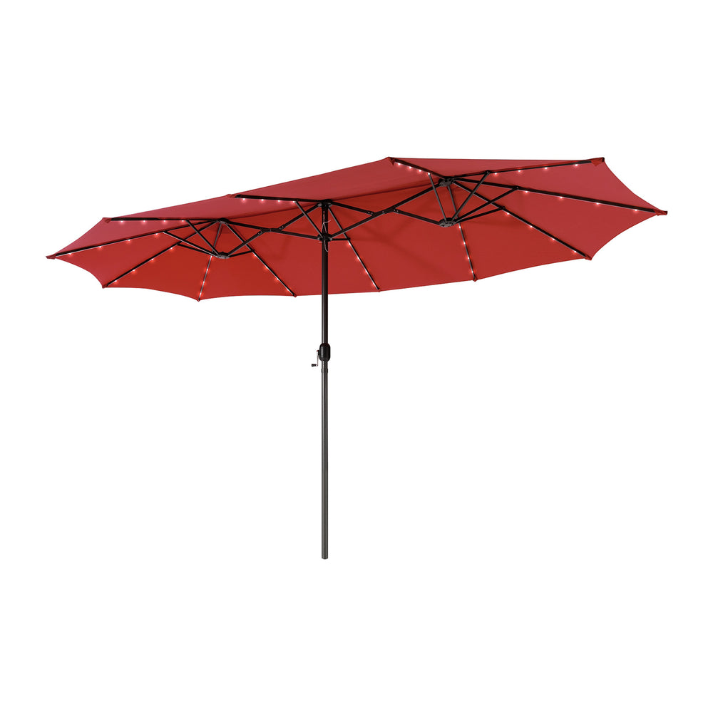 15-foot dark red twin patio umbrella with 48 solar LED lights, perfect for outdoor gatherings and providing ample shade.
