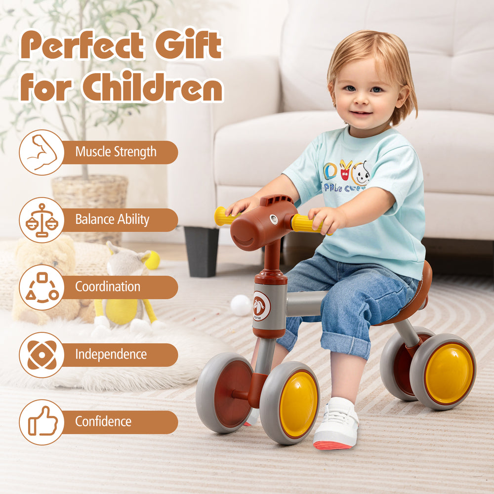 Baby balance bike with a cute horse head design, sturdy carbon steel frame, and EVA foam wheels for safe indoor and.