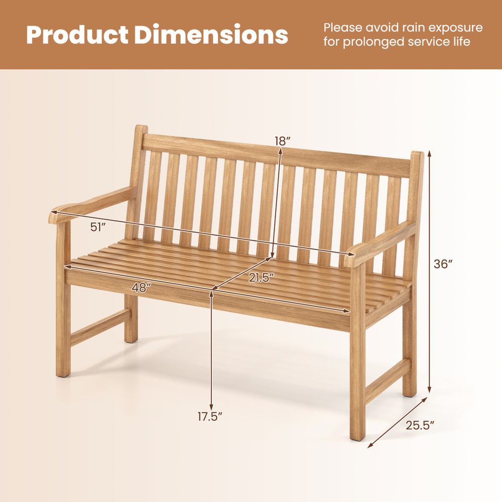 Teak outdoor porch bench dimensions showing 51-inch length, ergonomic design, and stable construction for 3-seat.