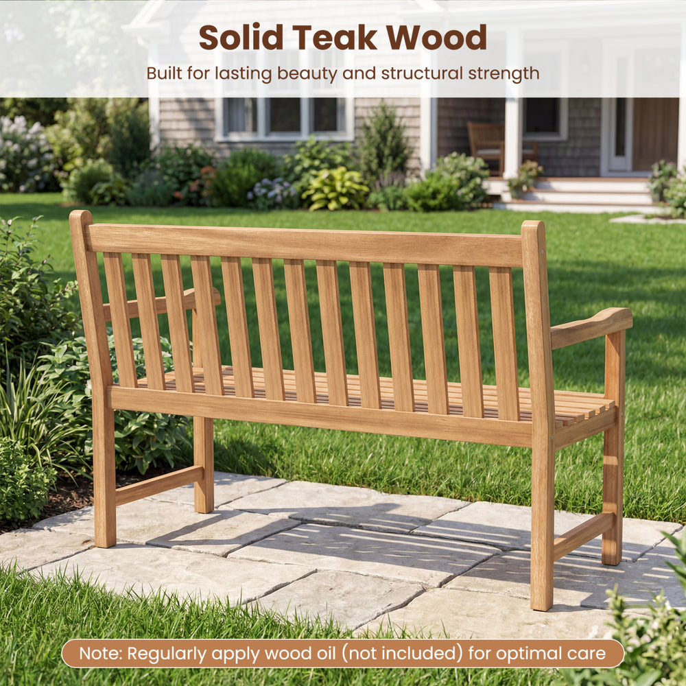 Teak outdoor porch bench with armrests, 3-seat design, showcasing solid wood construction for patio or garden use.