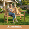 Teak outdoor porch bench with armrests, 3-person seating, perfect for garden relaxation and enjoying time with pets.