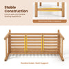Teak wood 3-seat outdoor porch bench with reinforced side crossbars and double under-seat support for stability.