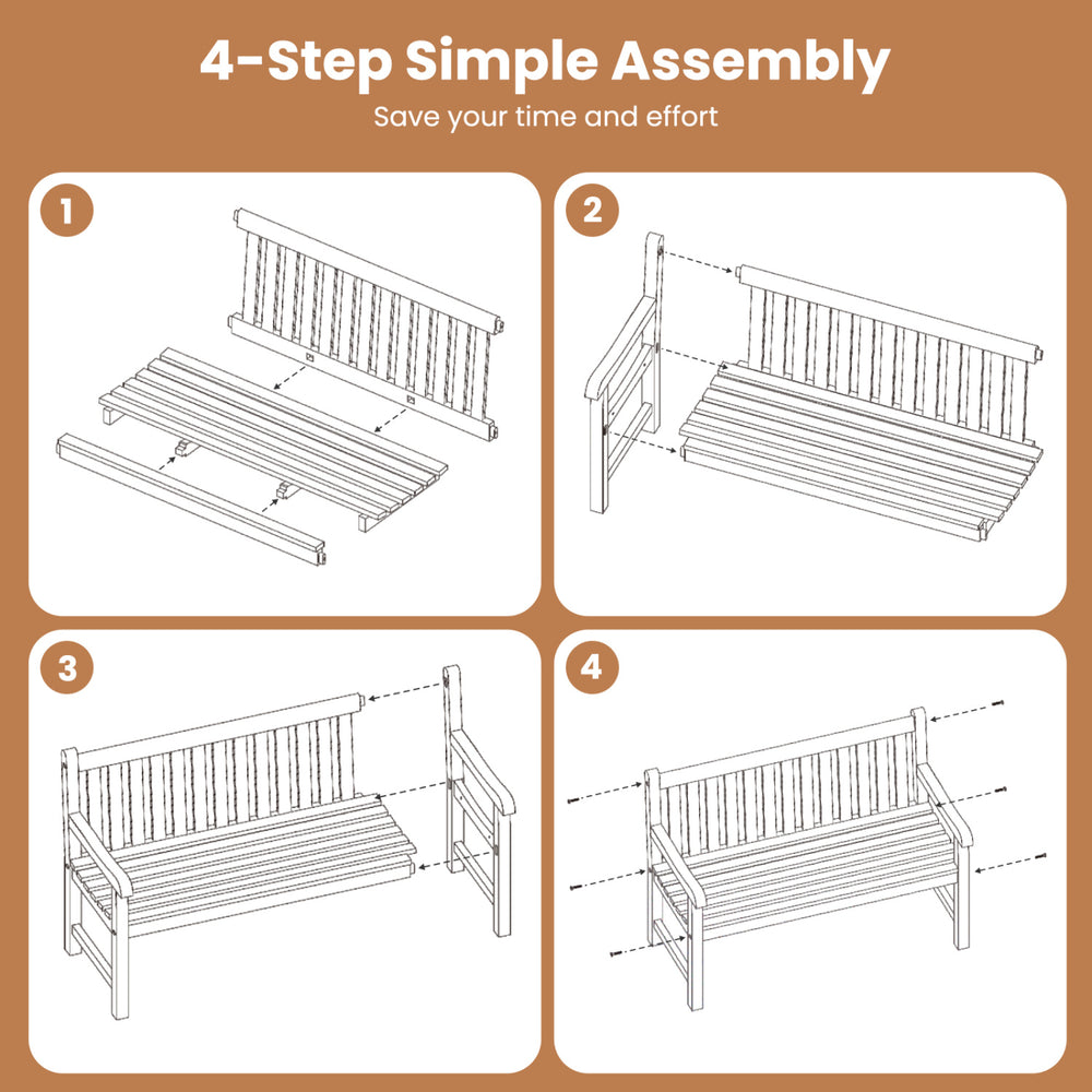 Teak outdoor porch bench assembly instructions showing 4 simple steps for easy setup of a 3-seat solid wood bench.