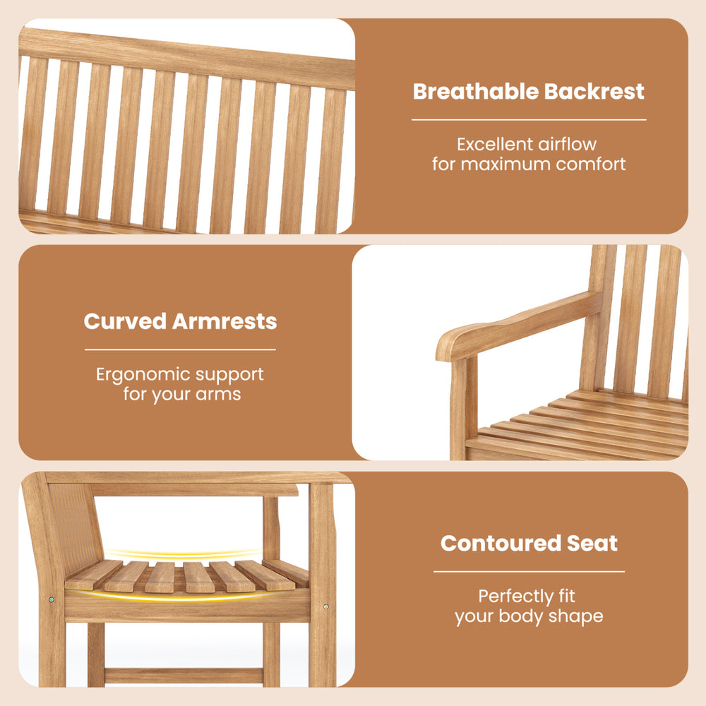 Curved armrests and breathable backrest of the 51-inch teak outdoor porch bench for ergonomic comfort and support.