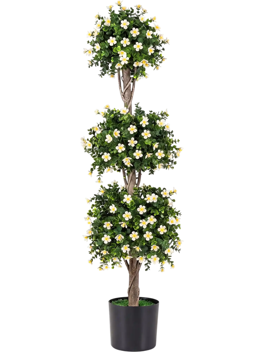 51" artificial topiary tree featuring three sun-resistant topiary balls with white blossoms for versatile indoor and outdoor decor.