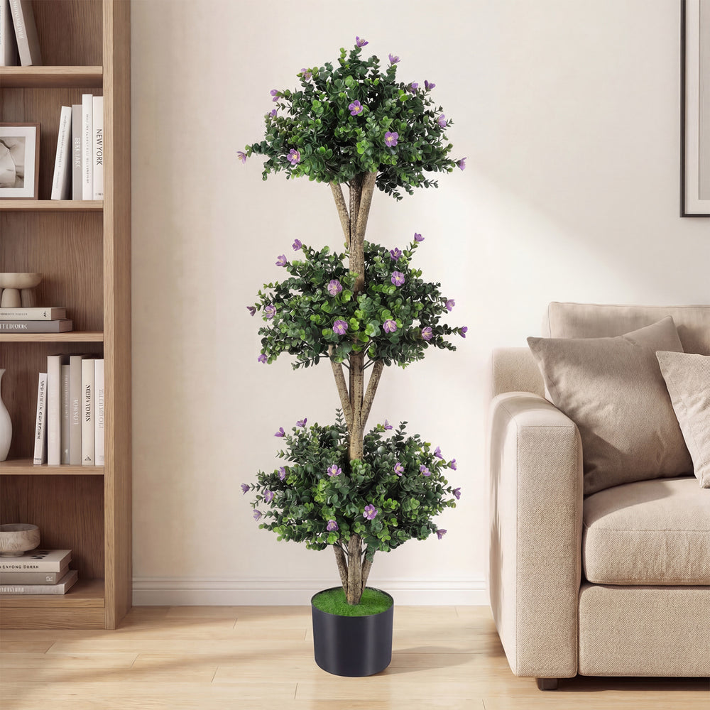 51" Artificial Triple Ball Boxwood Topiary Tree with 59 Blossoms-Purple - Gallery View 1 of 9
