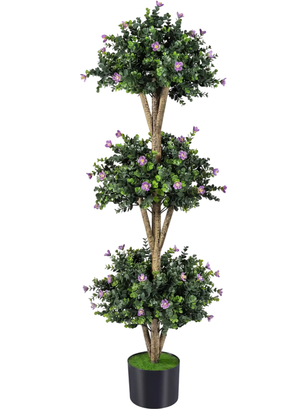 Artificial 51" triple ball boxwood topiary tree with 59 purple blossoms, perfect for enhancing indoor and outdoor.