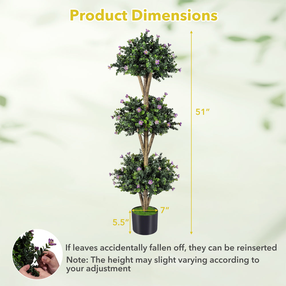 Artificial triple ball boxwood topiary tree, 51" tall with 59 purple blossoms, ideal for home or office decor.