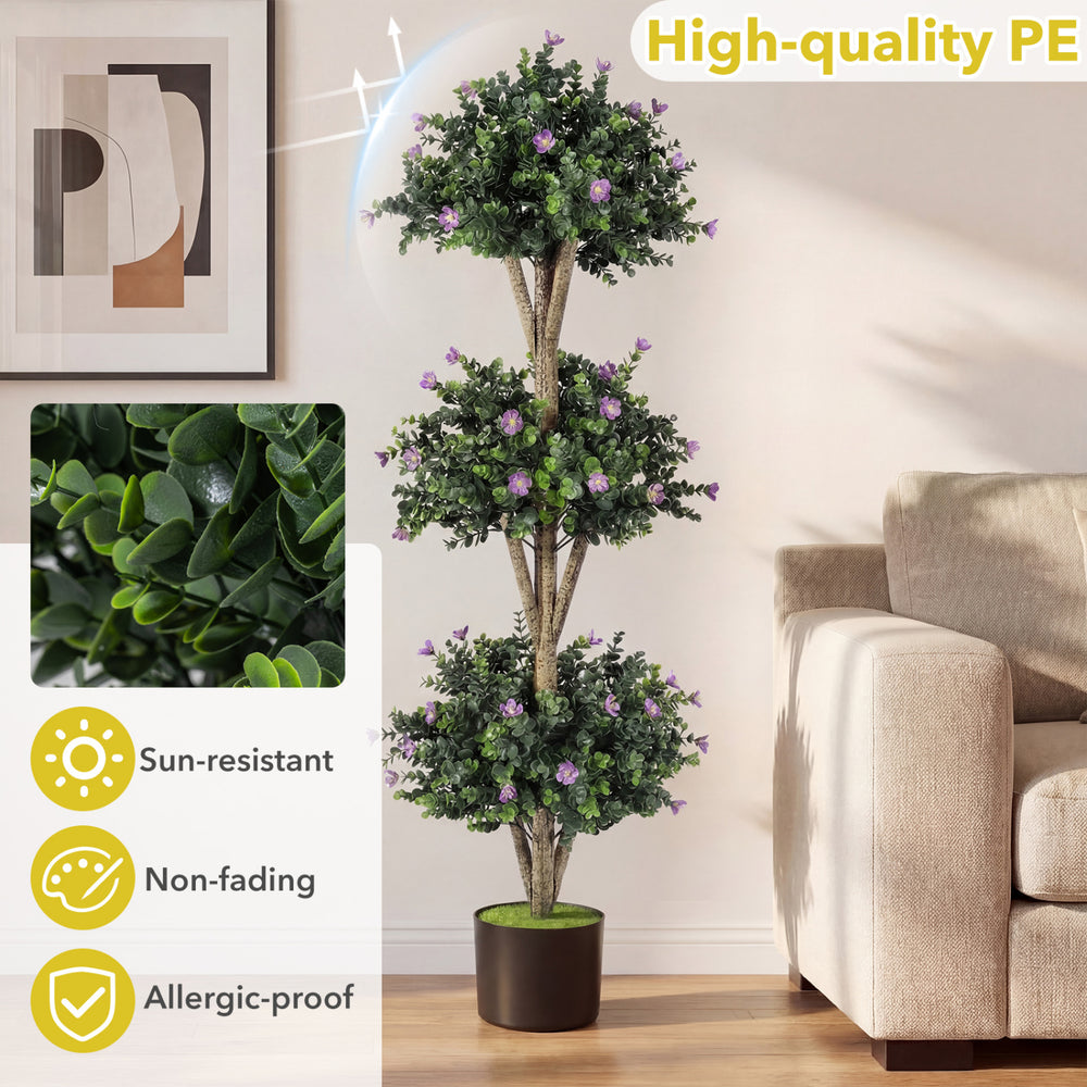 Artificial 51" triple ball boxwood topiary tree with purple blossoms, sun-resistant PE material, ideal for indoor or.