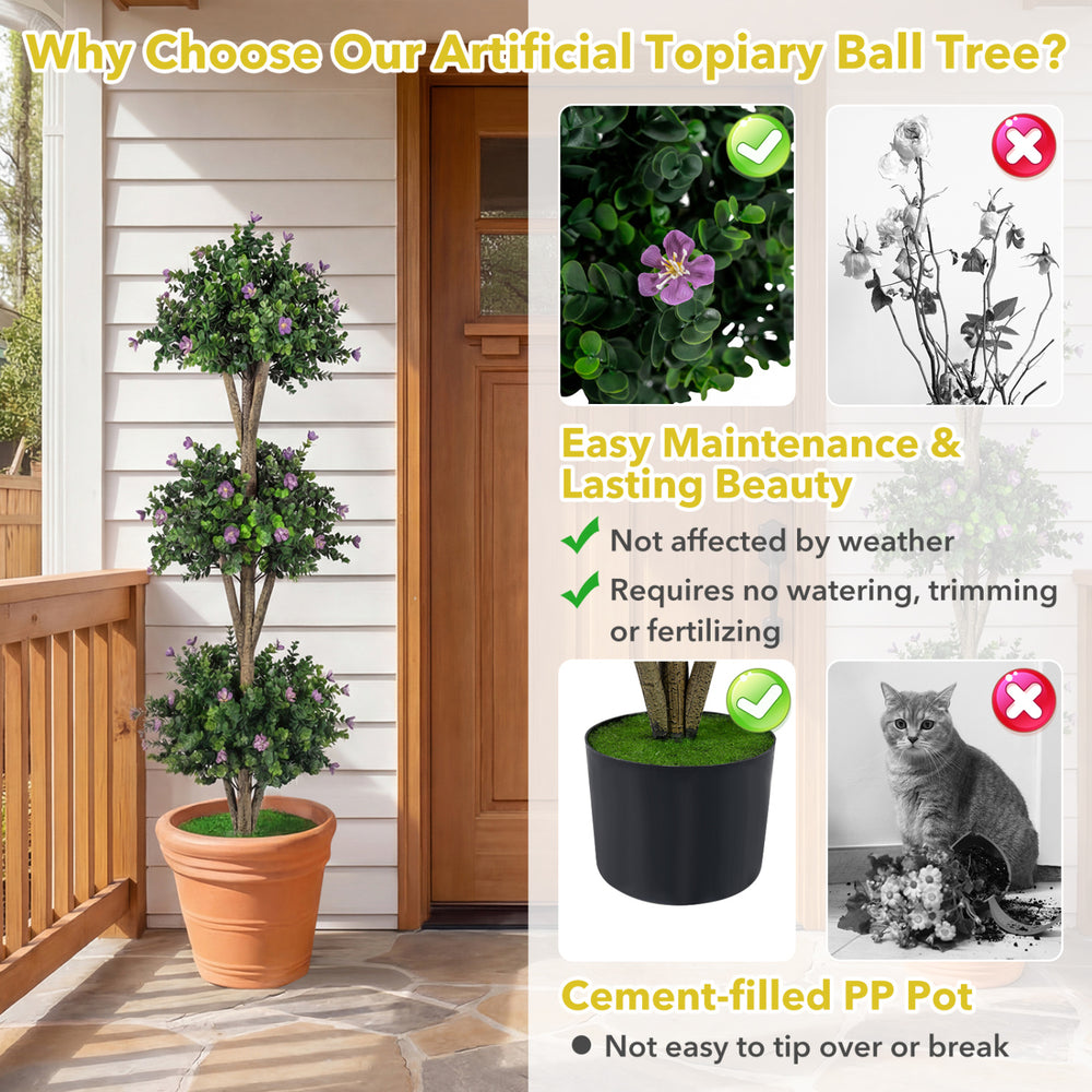 Artificial 51" triple ball boxwood topiary tree with 59 purple blossoms in a cement-filled pot for easy maintenance.