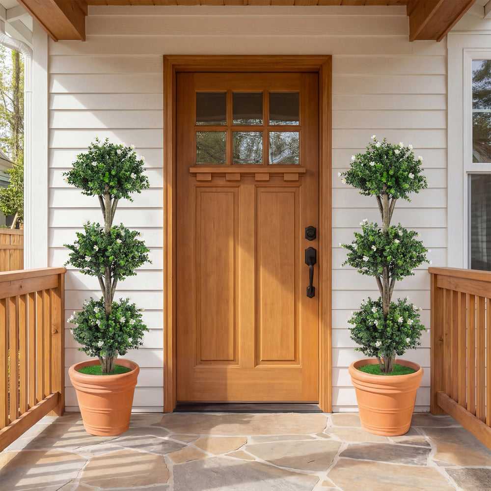 51" Artificial Triple Ball Boxwood Topiary Tree with 59 Blossoms Set of 2-White - Gallery View 1 of 9