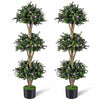 Artificial triple ball boxwood topiary tree set of 2 with purple blossoms, ideal for indoor or outdoor decoration.