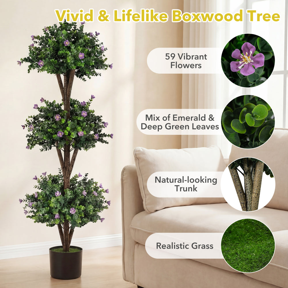 Artificial 51" triple ball boxwood topiary tree with 59 purple flowers, featuring a natural trunk and realistic grass.