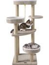 Carpeted cat tree with plush perches in beige, featuring multiple levels for indoor cats to climb and relax.