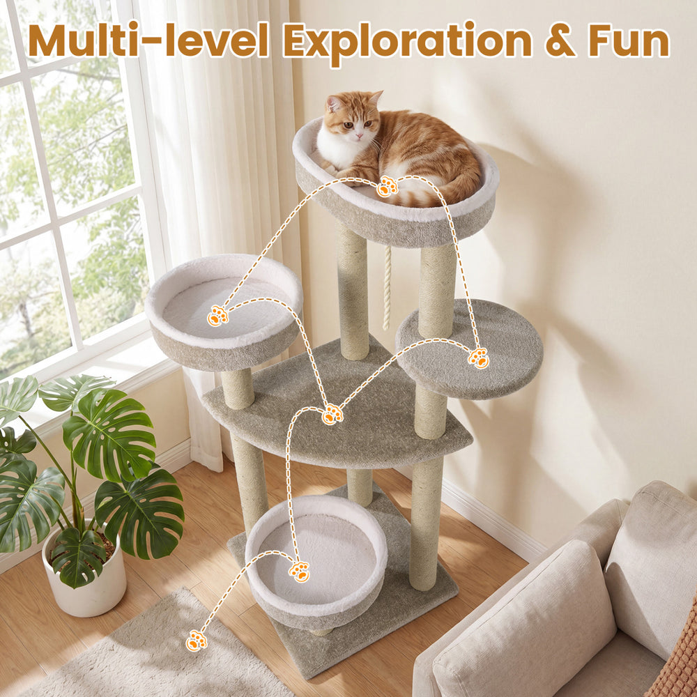51" carpeted cat tree in beige with plush perches, perfect for indoor cats to explore and relax.
