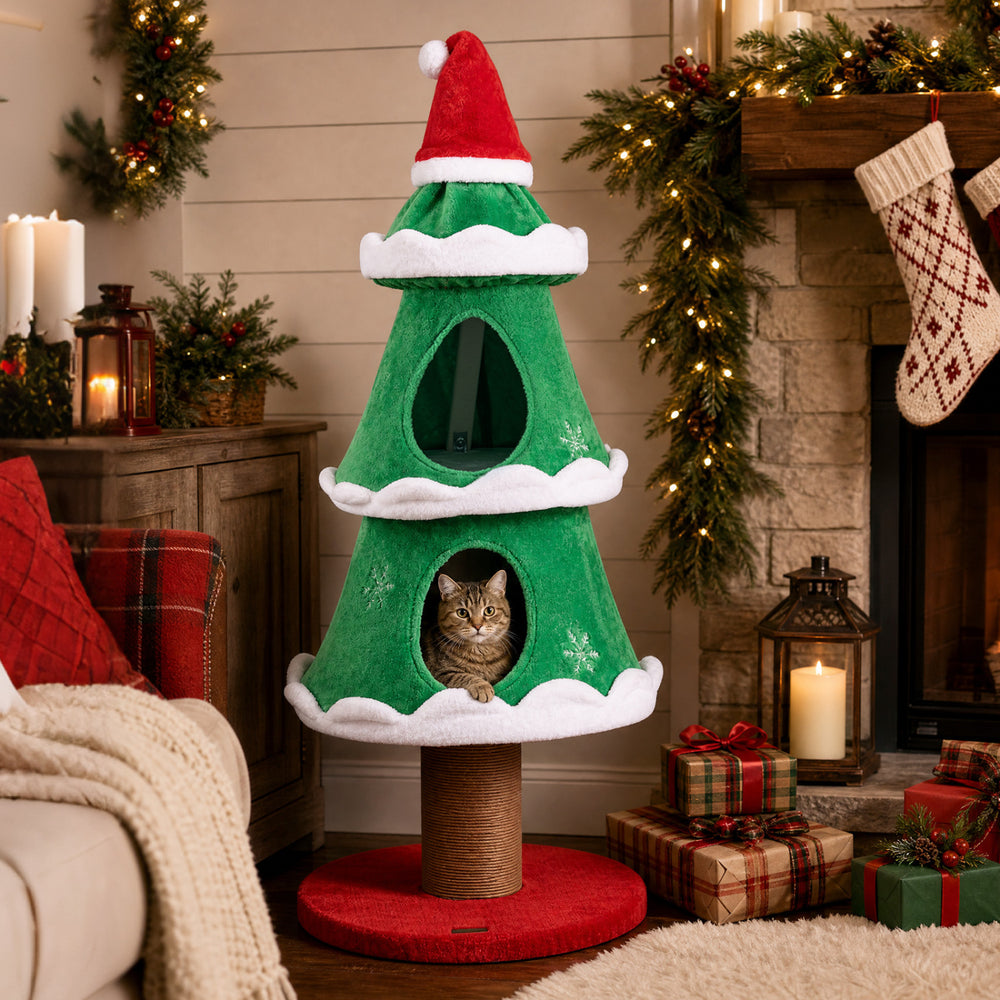 Christmas tree-shaped cat tree in green with two cozy condos, scratching post, and detachable Santa hat for festive pet fun.