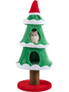 Christmas cat tree with two cozy condos, plush fabric, and a scratching post, perfect for festive pet enjoyment.