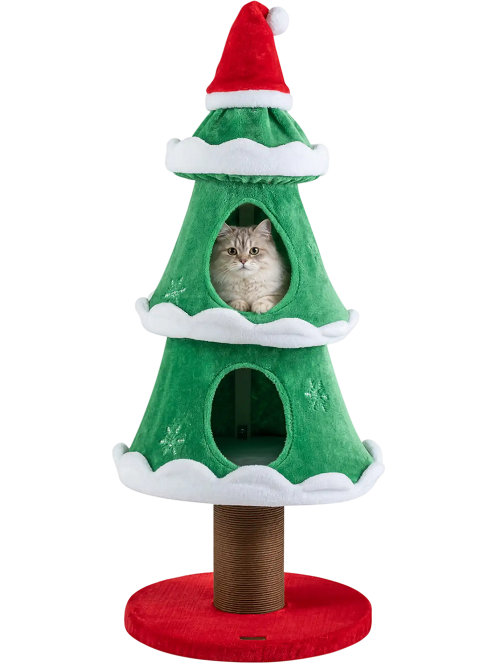 Christmas cat tree with two cozy condos, plush fabric, and a scratching post, perfect for festive pet enjoyment.