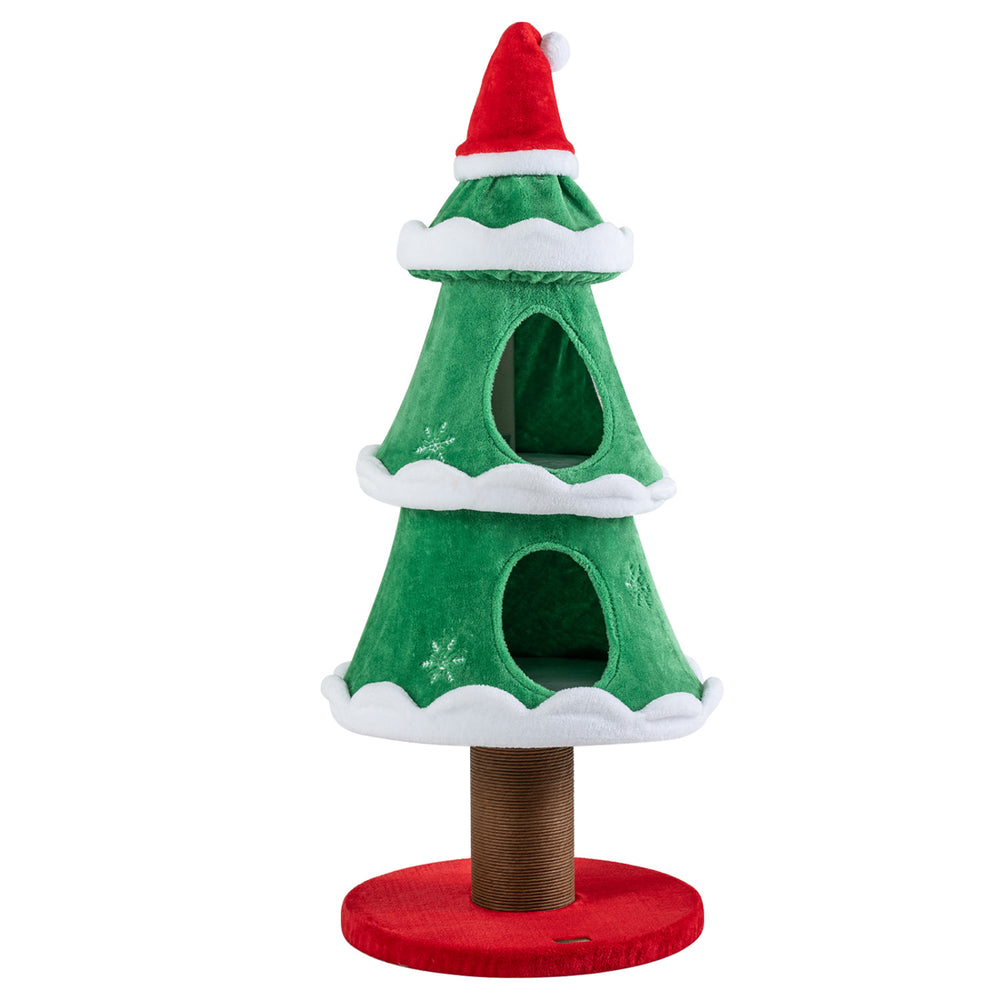 Christmas cat tree featuring two cozy condos, a scratching post, and a detachable hat, perfect for holiday decor.