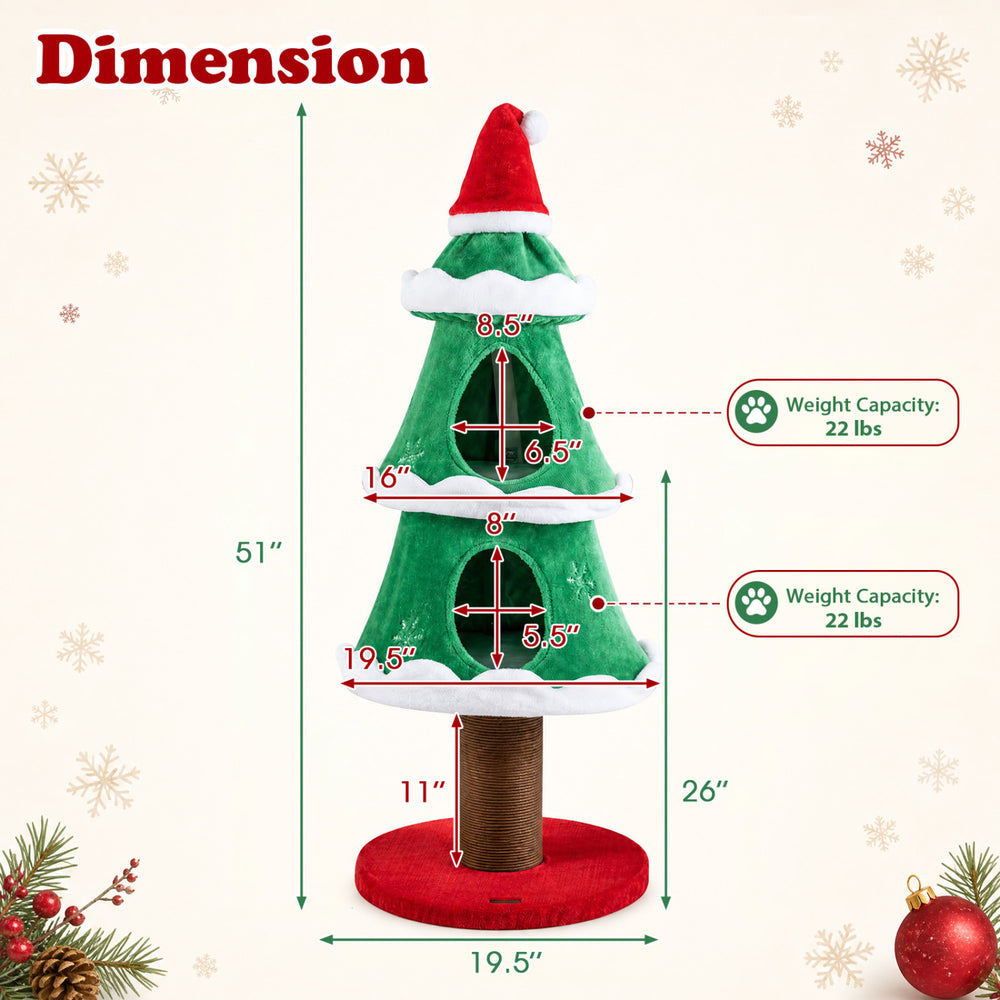 Christmas cat tree with two cozy condos, scratching post, and plush fabric in a festive green design, 51 inches tall.