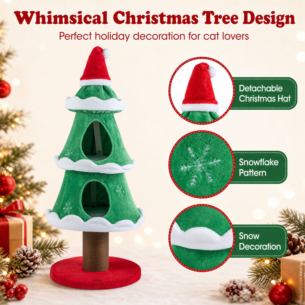 Christmas cat tree featuring a whimsical tree design, two cozy condos, and a detachable hat for festive pet enjoyment.