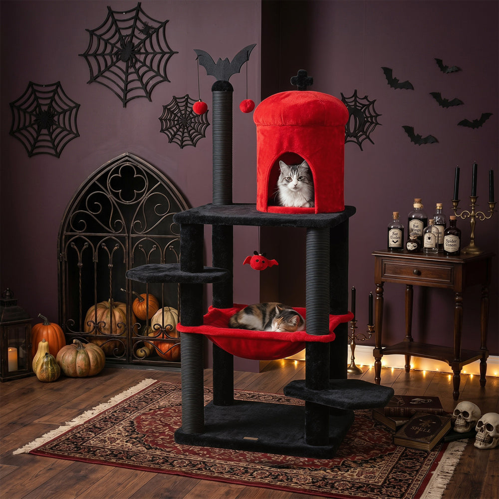 Gothic multi-level cat tree in black and red with perches, hammock, and spider toy for playful Halloween-themed decor.