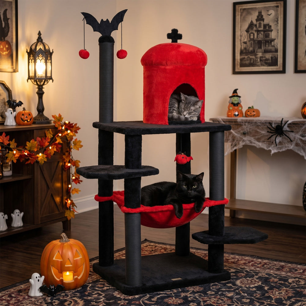 Gothic multi-level cat tree in black and red with hammock, perches, and spider toy for Halloween-themed playtime.