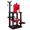 Gothic multi-level cat tree in black and red with a castle house, hammock, and dangling toys for playful cats.
