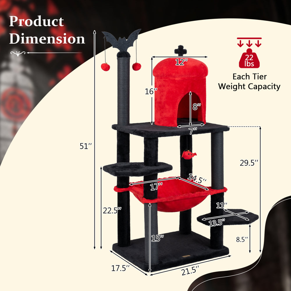 Gothic multi-level cat tree in black and red, featuring a castle house, hammock, and spider toy for playful cats.