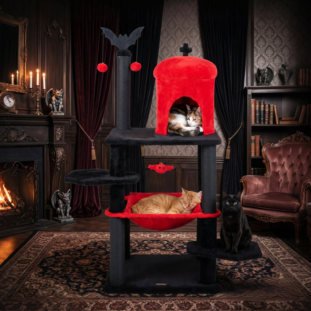 Gothic multi-level cat tree in black and red with a castle house, hammock, and spider toy for playful cats.