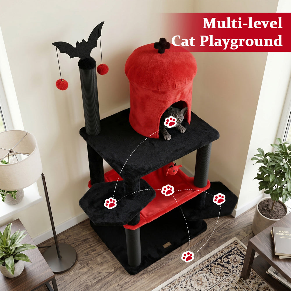 Multi-level Gothic cat tree in black and red with hammock, perches, and spider toy for playful Halloween fun.