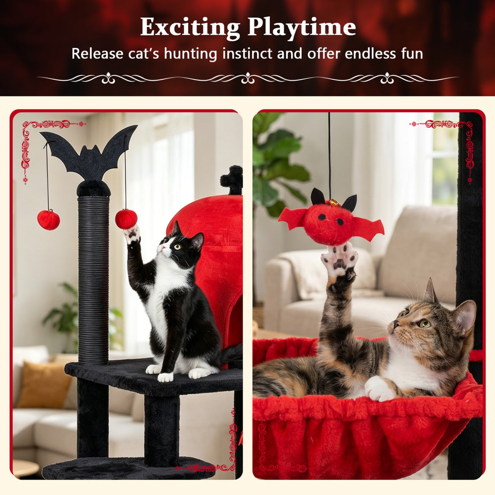 Gothic multi-level cat tree featuring a spider toy and dangling pompoms, perfect for playful and cozy cat lounging.