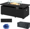 Black 51-inch propane fire pit table with tempered glass wind guard, offering 50,000 BTU for outdoor warmth and style.