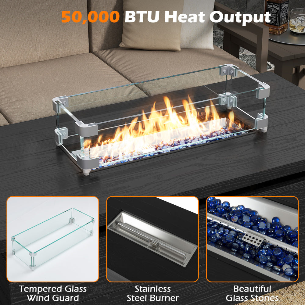 51-inch propane fire pit table with tempered glass wind guard and 50,000 BTU heat output for stylish outdoor warmth.